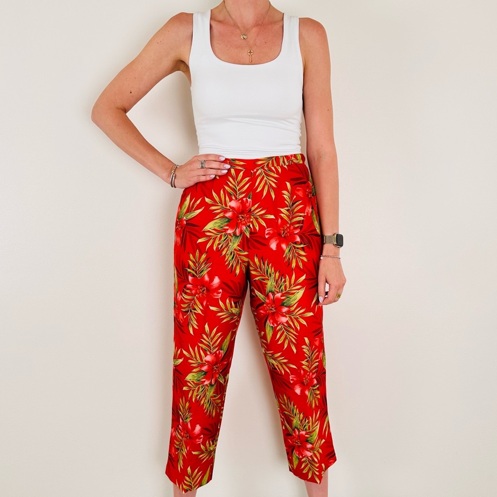 Silkland 100% silk tropical floral print cropped pants